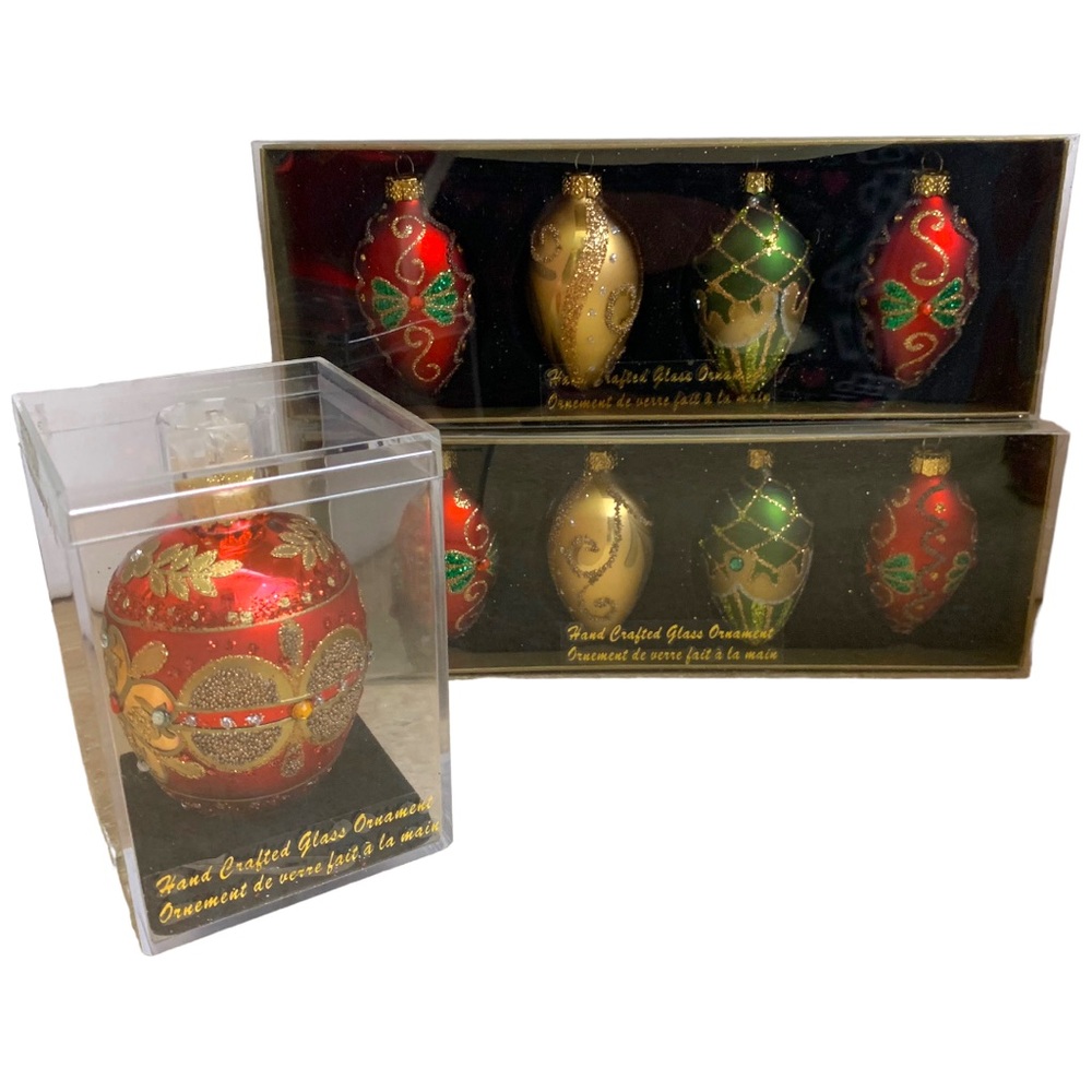 NIB Hand-Crafted Embellished Egg Christmas Glass Ornaments Set of 9 Boxed